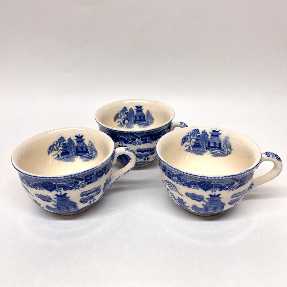 Set of 3 Willow Ware Transferware Tea Cups
